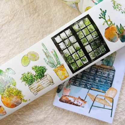 Whole Roll 6cm*5m Greenness Die Cutting Washi/PET/Fog PET Tape featuring green designs for journaling, scrapbooking and collage