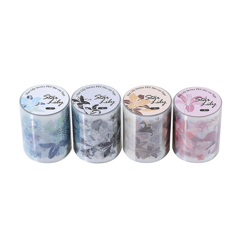 Star Flower Lily Series Die Cutting PET Tape featuring flower, and star designs for journaling, scrapbooking and collage
