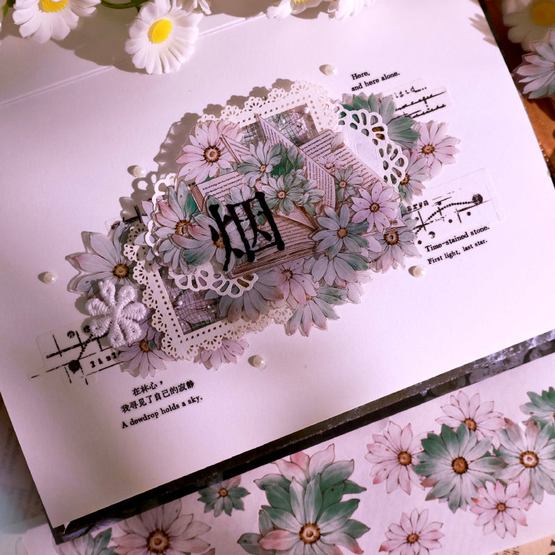 Whole Roll 5.5cm*5m Wild chrysanthemums Die Cutting Washi/PET/Shell Silver PET Tape featuring silver designs for journaling, scrapbooking and collage