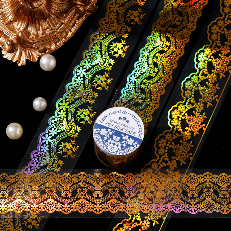 Shimmering Lace Series Gold Stamping PET Tape featuring old, lace, and gold designs for journaling, scrapbooking and collage