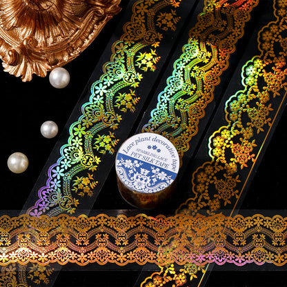 Shimmering Lace Series Gold Stamping PET Tape featuring old, lace, and gold designs for journaling, scrapbooking and collage