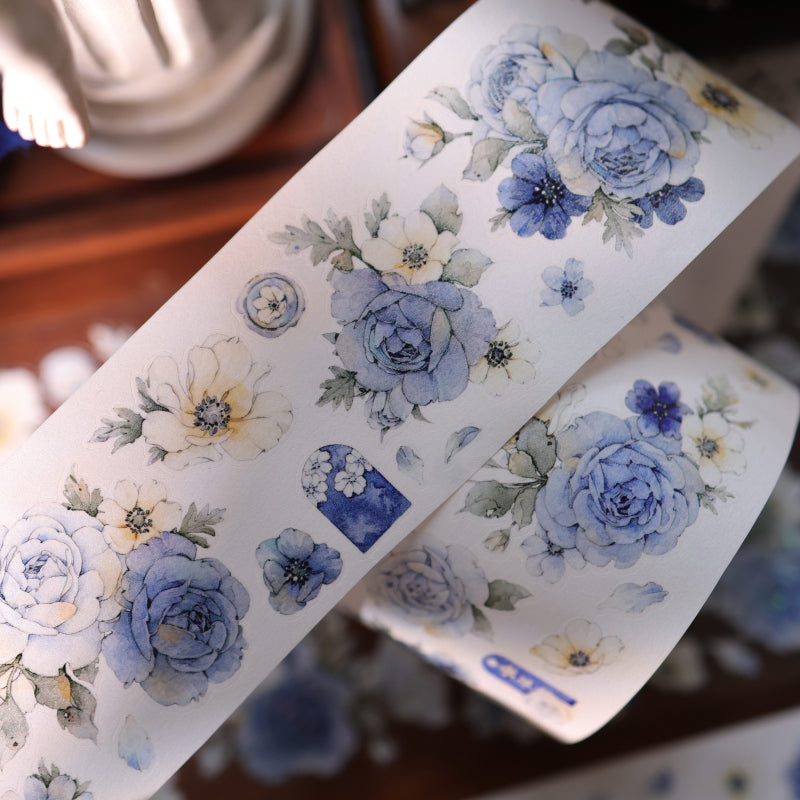 Whole Roll 5.5cm*5m Sweet Blue Flower Die Cutting Washi/PET/Shell Light PET Tape featuring sweet, blue, and flower designs for journaling, scrapbooking and collage