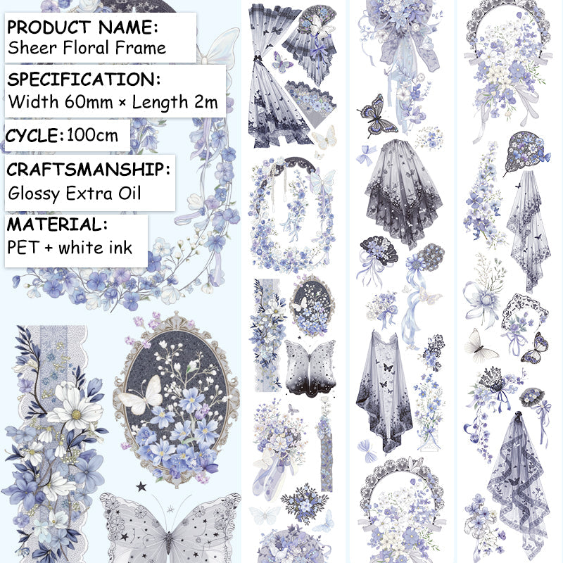 Sheer Floral Frame PET Tape featuring floral designs for journaling, scrapbooking and collage