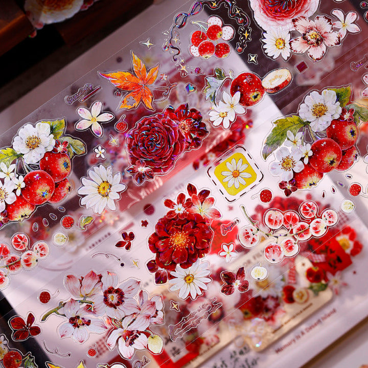 Whole Roll 6cm*6m Red Fruit Fragrant Flavor Die Cutting Washi/PET/Shell Light PET Tape featuring red, fruit, and light designs for journaling, scrapbooking and collage