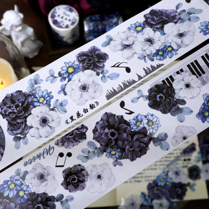 5.5cm*100cm White charm Black flowers Die Cutting Washi/PET/Shell Silver PET Tape featuring white, black, and silver designs for journaling, scrapbooking and collage