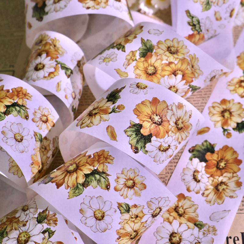 Whole Roll 5cm*5m Golden daisy Die Cutting Washi/PET/Shell Silver PET Tape featuring old, gold, and silver designs for journaling, scrapbooking and collage