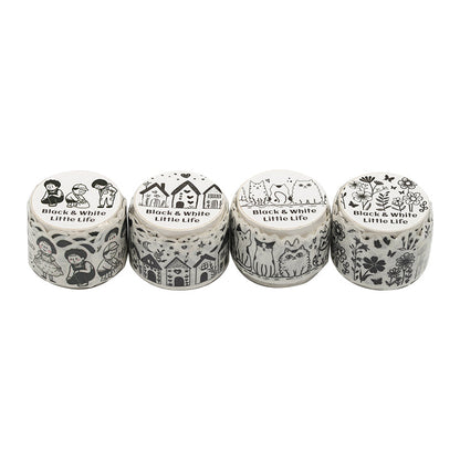 Black White Little Life Series Washi Tape featuring white, and black designs for journaling, scrapbooking and collage