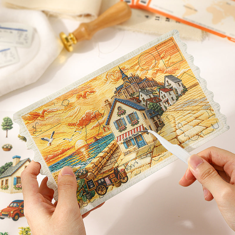 Embroidered Journey Series 3D Sticker featuring red designs for journaling, scrapbooking and collage
