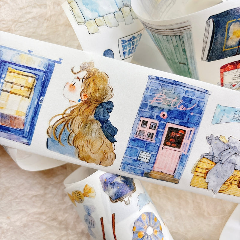 6cm*166cm Blue Atmosphere Die Cutting Washi/PET/Fog PET Tape featuring blue designs for journaling, scrapbooking and collage