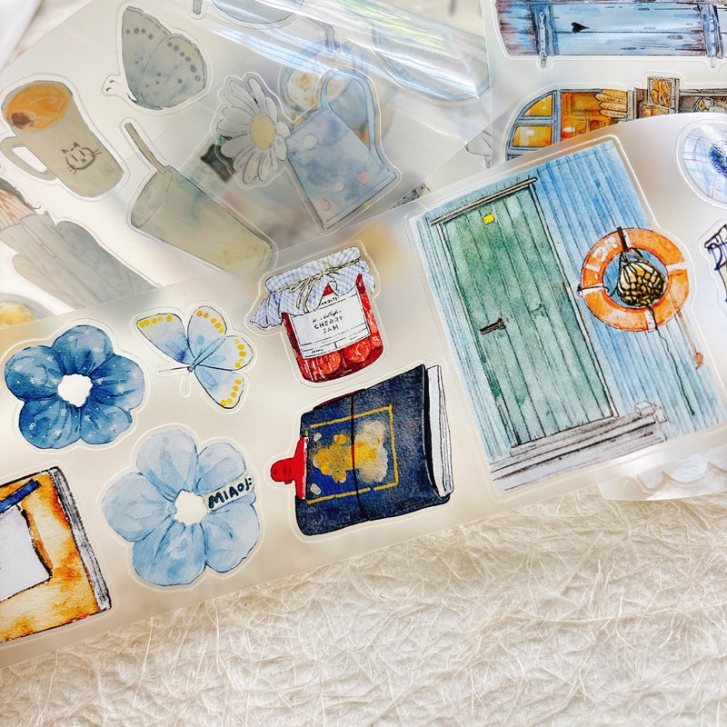 6cm*166cm Blue Atmosphere Die Cutting Washi/PET/Fog PET Tape featuring blue designs for journaling, scrapbooking and collage
