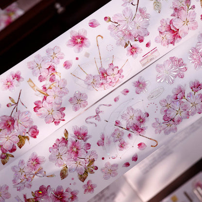 Whole Roll 6.5cm*5m Pink Cherry Blossom Die Cutting Washi/PET/Shell Light Washi/PET Tape