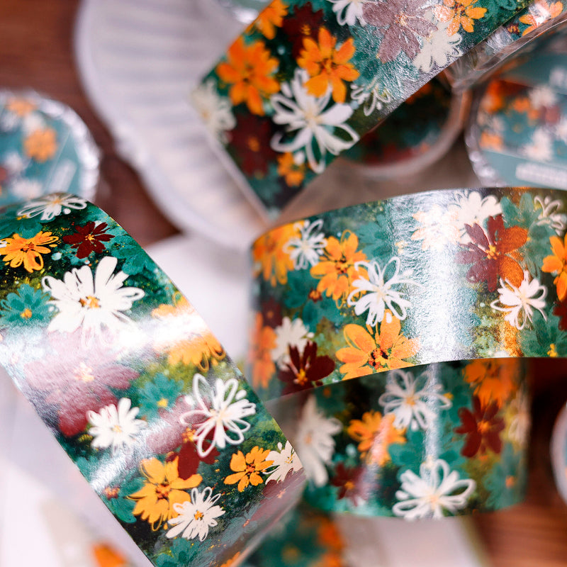 Whole Roll 3cm*3m Green ink flower Washi Tape featuring green, and flower designs for journaling, scrapbooking and collage