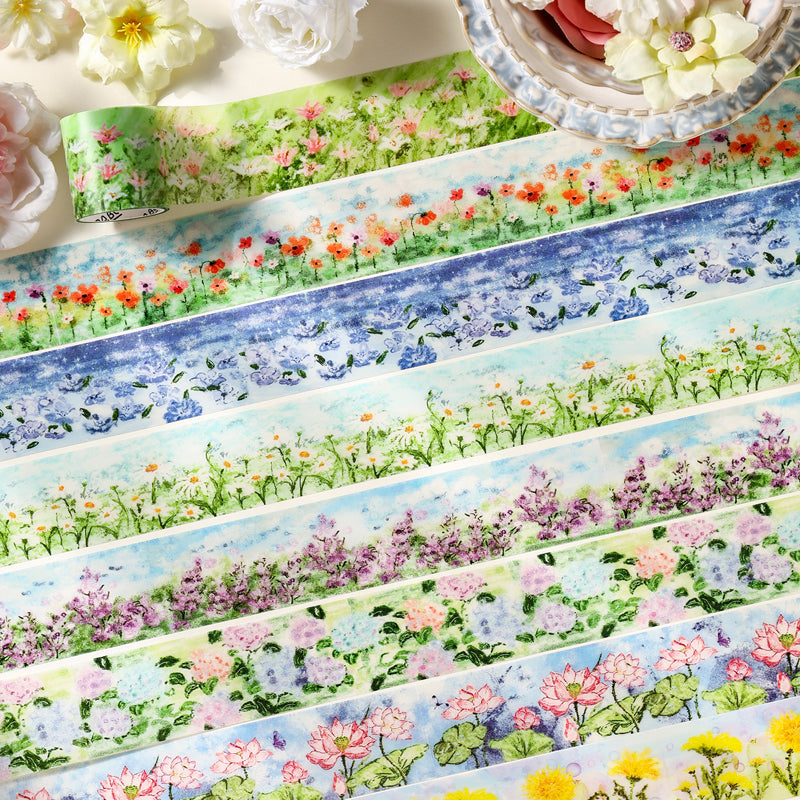 Flower Field Series PET Tape Set featuring flower designs for journaling, scrapbooking and collage