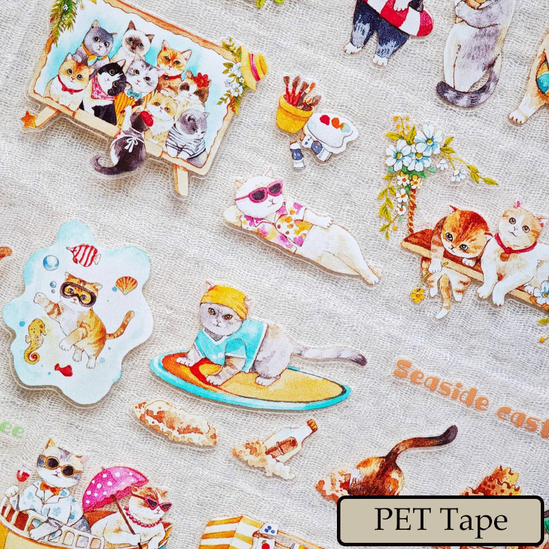 Washi/Ruban adhésif PET découpé « Chat paresseux en vacances » 4,5 cm × 100 cm
