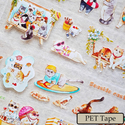 Washi/Ruban adhésif PET découpé « Chat paresseux en vacances » 4,5 cm × 100 cm