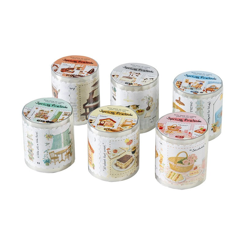 Spring Prelude Series tape featuring spring breeze, flower room, lazy cat cafe, and stream shelter designs for journaling, scrapbooking and collage