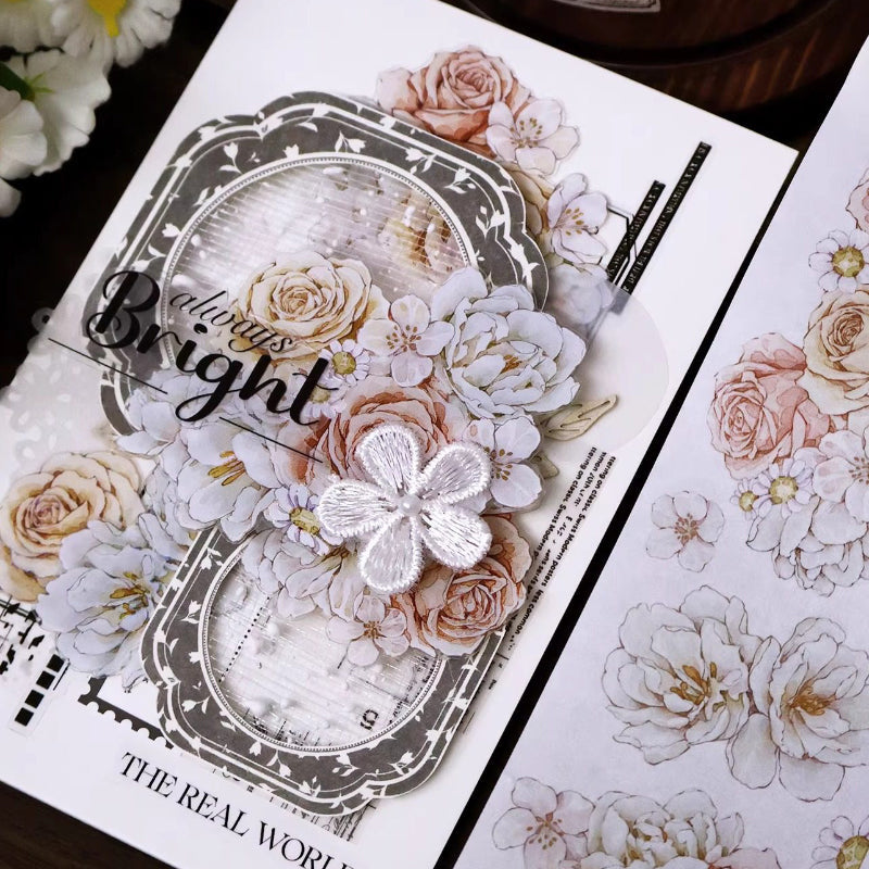 5.5cm*100cm Soft flower court Die Cutting Washi/PET/Shell Silver PET Tape featuring silver, and flower designs for journaling, scrapbooking and collage