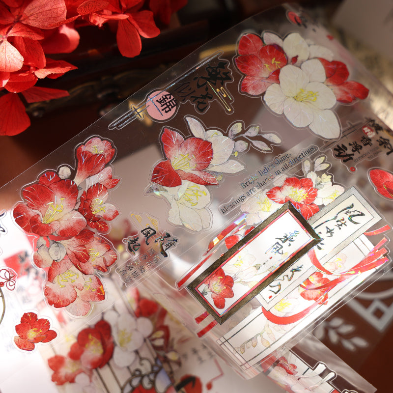 Whole Roll 5.5cm*6m Chinese style flowers Die Cutting Washi/PET/Shell Light PET Tape featuring flower, and light designs for journaling, scrapbooking and collage