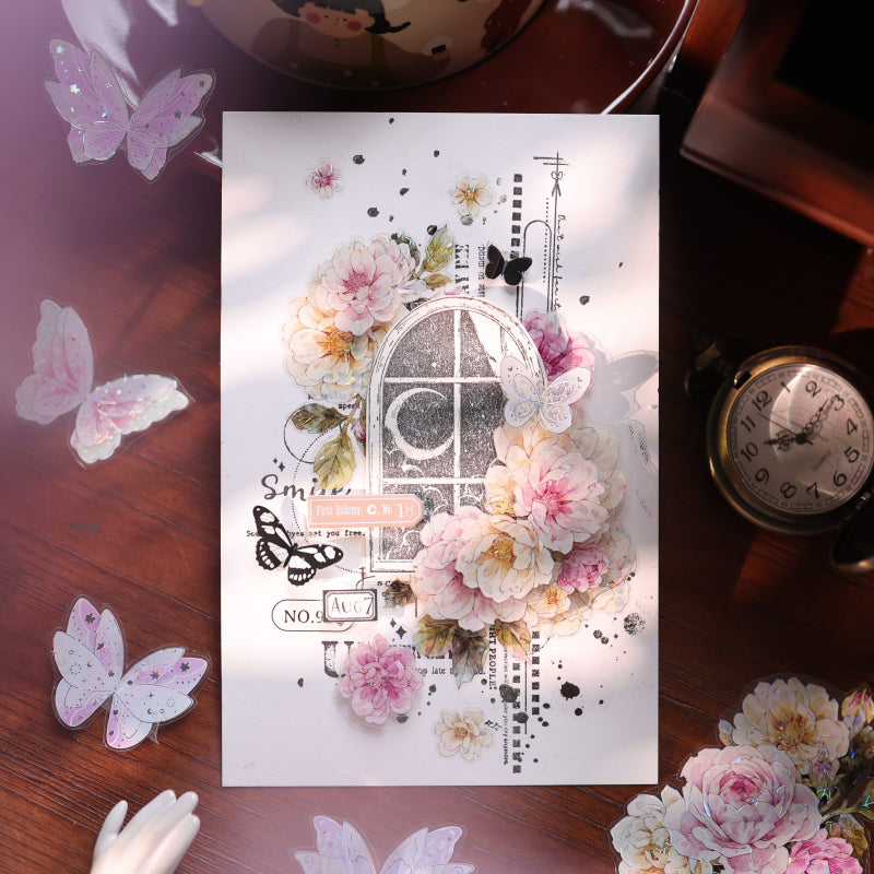 Whole Roll 5.5cm*5m Peach Fog White Flower Die Cutting Washi/PET/Shell Light PET Tape featuring white, flower, and peach designs for journaling, scrapbooking and collage