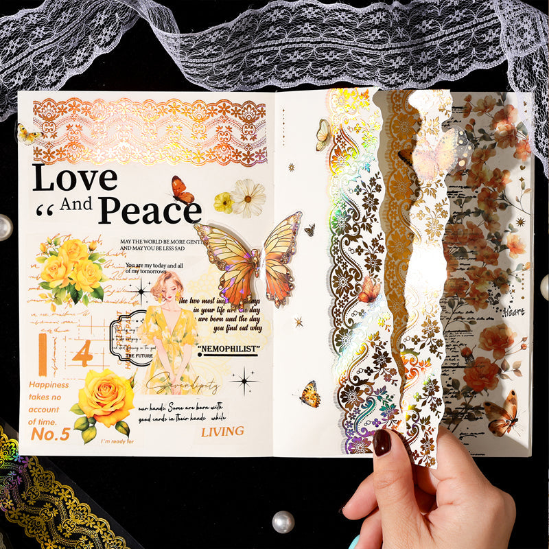 Shimmering Lace Series Gold Stamping PET Tape featuring old, lace, and gold designs for journaling, scrapbooking and collage