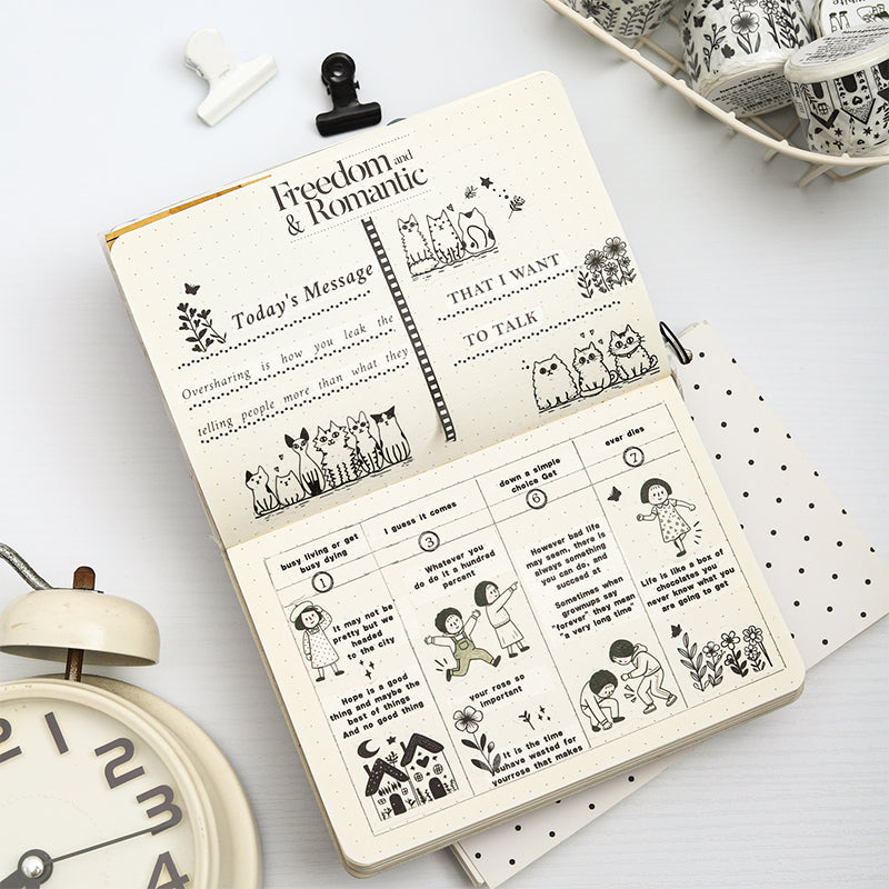 Black White Little Life Series Washi Tape featuring white, and black designs for journaling, scrapbooking and collage