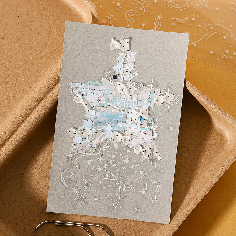 White Starfield Series Die Cutting PET Tape featuring white, and star designs for journaling, scrapbooking and collage