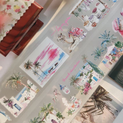 6cm*100cm Sand Island Coconut Grove Die Cutting PET Tape featuring island designs for journaling, scrapbooking and collage
