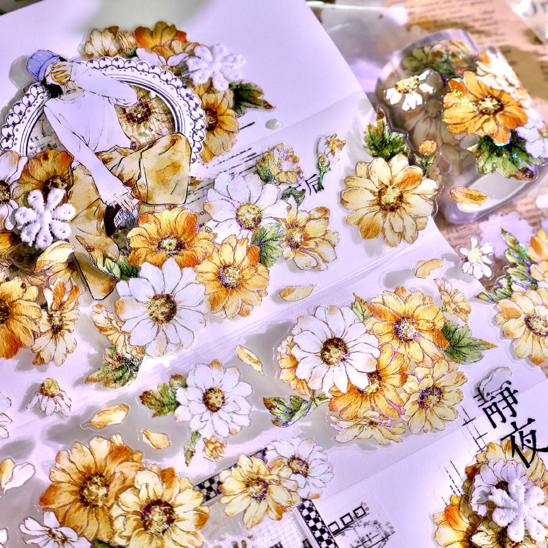 Whole Roll 5cm*5m Golden daisy Die Cutting Washi/PET/Shell Silver PET Tape featuring old, gold, and silver designs for journaling, scrapbooking and collage