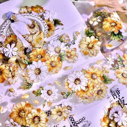 Whole Roll 5cm*5m Golden daisy Die Cutting Washi/PET/Shell Silver PET Tape featuring old, gold, and silver designs for journaling, scrapbooking and collage