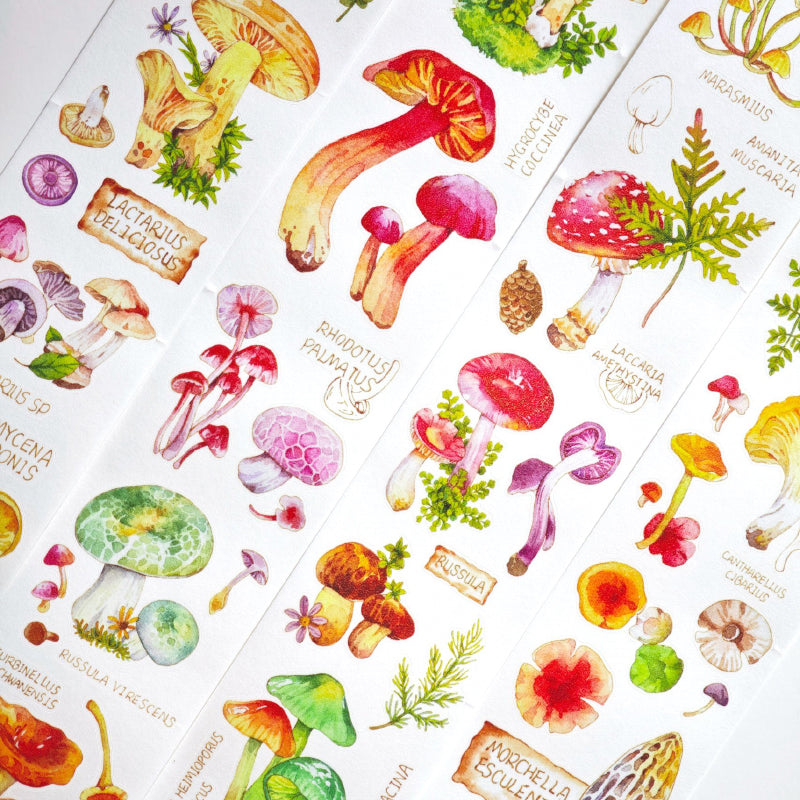 4.5cm*100cm Mushroom Identification Guide Die Cutting Washi/PET Tape featuring cat, and mushroom designs for journaling, scrapbooking and collage