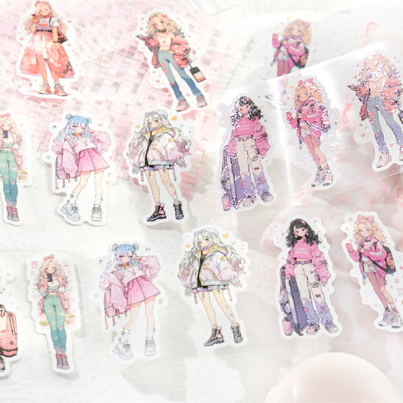 Dopamine girl Series Die Cutting Self-adhesive Tape featuring girl designs for journaling, scrapbooking and collage