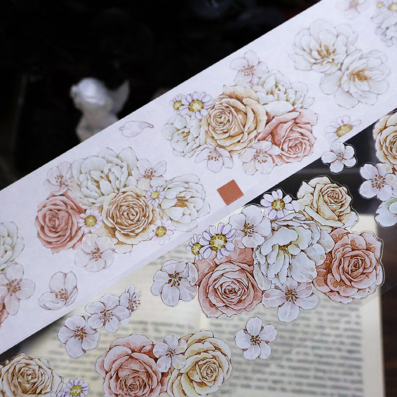 Whole Roll 5.5cm*5m Soft flower court Die Cutting Washi/PET/Shell Silver PET Tape featuring silver, and flower designs for journaling, scrapbooking and collage