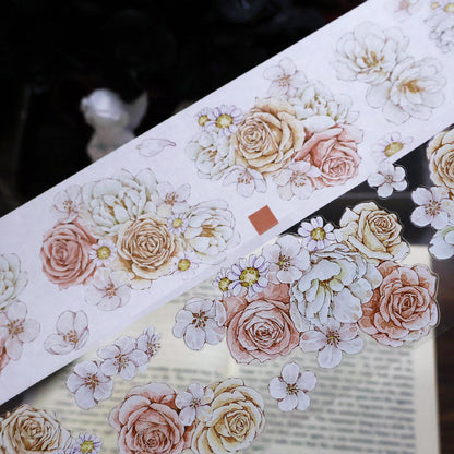 Whole Roll 5.5cm*5m Soft flower court Die Cutting Washi/PET/Shell Silver PET Tape featuring silver, and flower designs for journaling, scrapbooking and collage