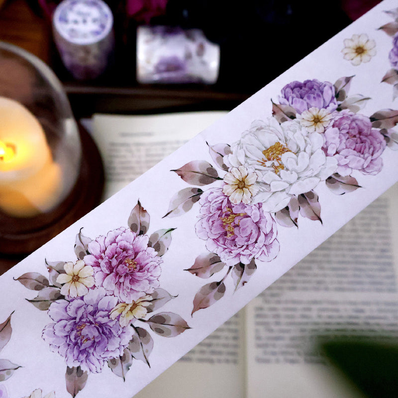 5.6cm*100cm Purple peony flower Die Cutting Washi/PET/Shell Light PET Tape featuring flower, and light designs for journaling, scrapbooking and collage