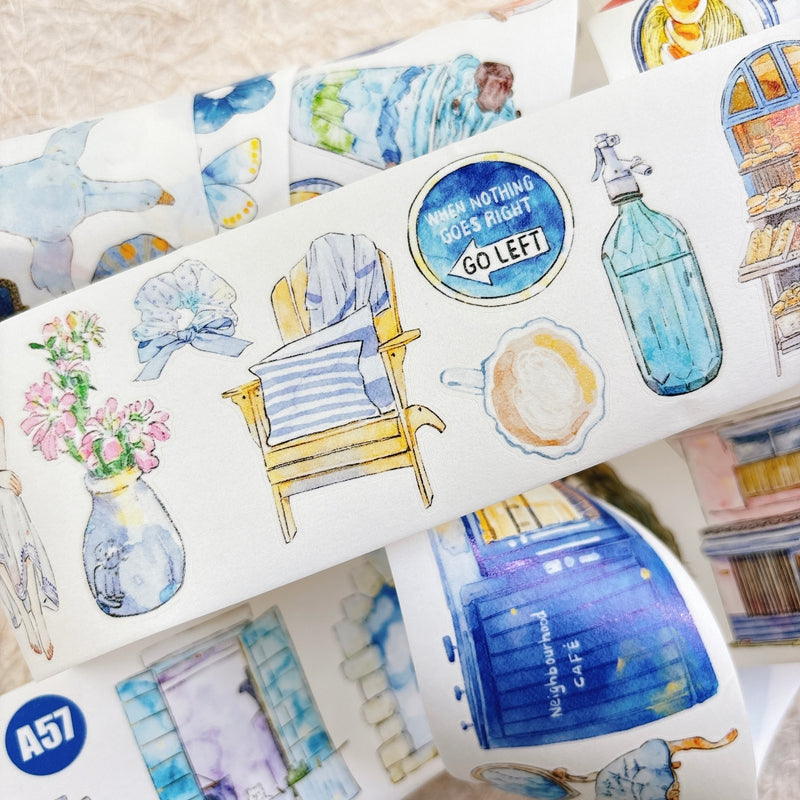 6cm*166cm Blue Atmosphere Die Cutting Washi/PET/Fog PET Tape featuring blue designs for journaling, scrapbooking and collage