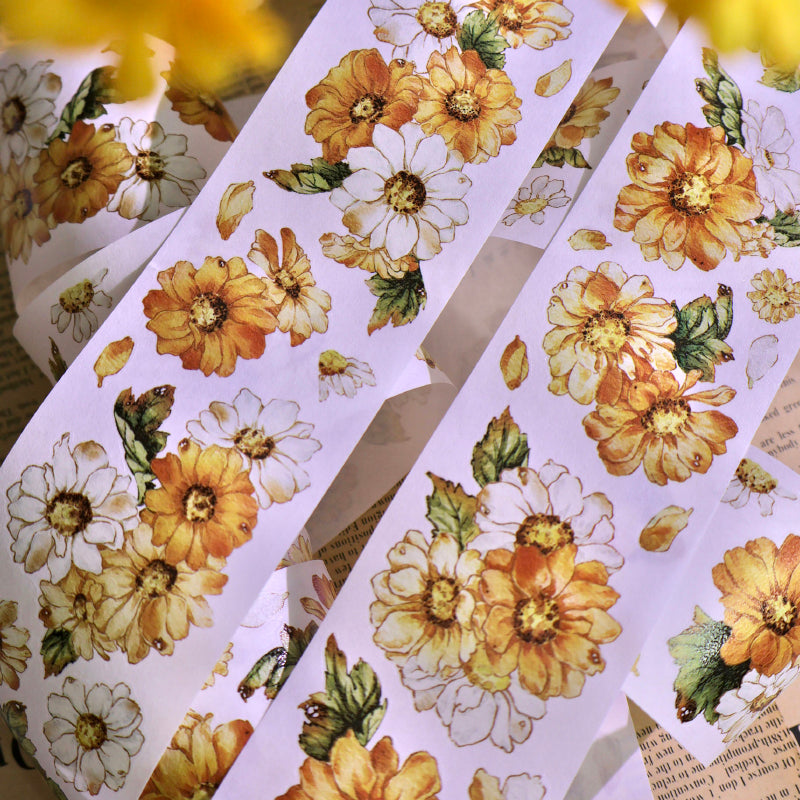 Whole Roll 5cm*5m Golden daisy Die Cutting Washi/PET/Shell Silver PET Tape featuring old, gold, and silver designs for journaling, scrapbooking and collage