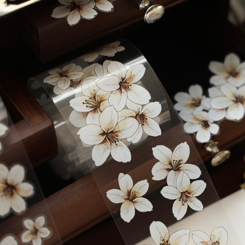 Whole Roll 5cm*5m Little White Flower Die Cutting Washi/PET Tape featuring white, and flower designs for journaling, scrapbooking and collage