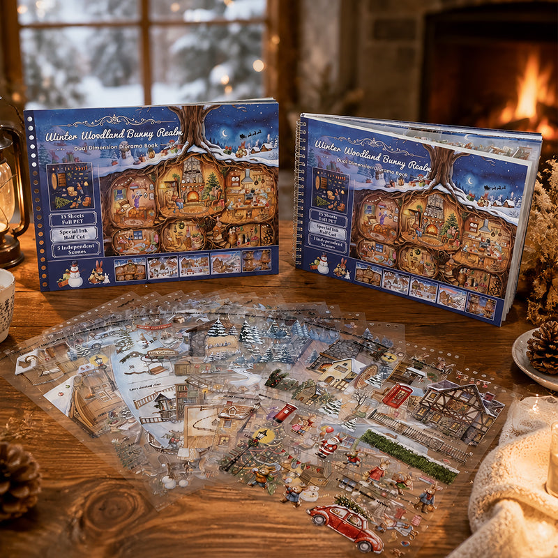 Winter Woodland Bunny Realm 3D Sticker Book featuring book designs for journaling, scrapbooking and collage