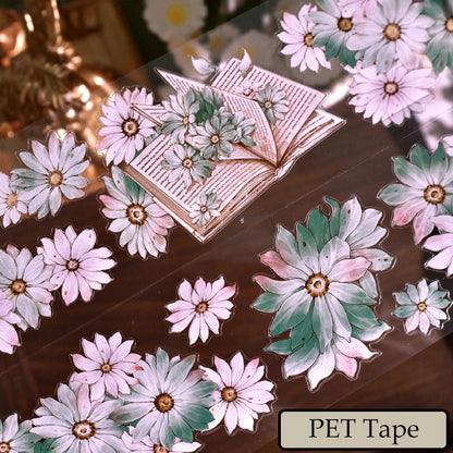 Rouleau entier 5,5 cm × 5 m, chrysanthèmes sauvages, découpe à la forme, washi/PET/coquille, ruban adhésif PET argenté