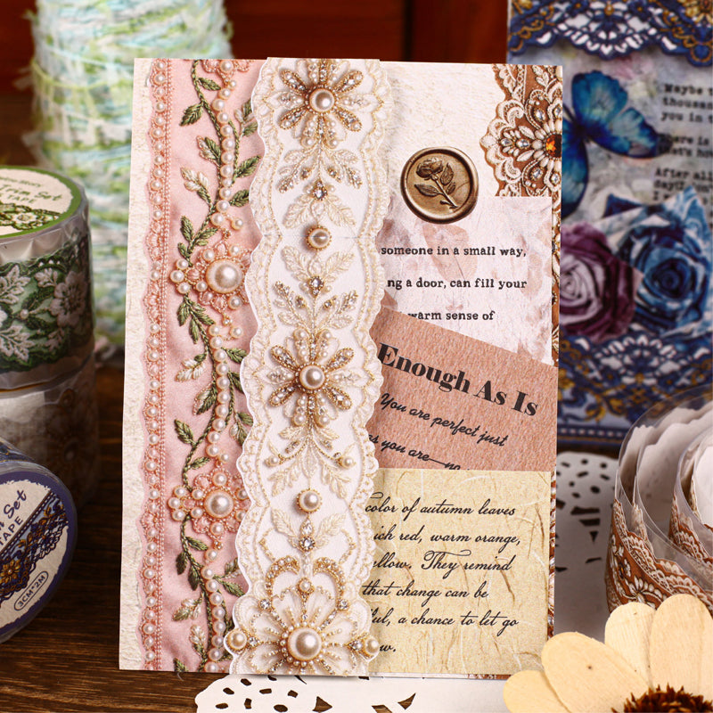 Flower Tassel Series White Kraft Paper Tape featuring white, and flower designs for journaling, scrapbooking and collage