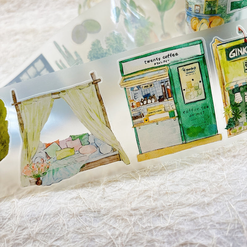Whole Roll 6cm*5m Greenness Die Cutting Washi/PET/Fog PET Tape featuring green designs for journaling, scrapbooking and collage
