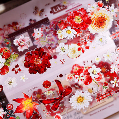 Whole Roll 6cm*6m Red Fruit Fragrant Flavor Die Cutting Washi/PET/Shell Light PET Tape featuring red, fruit, and light designs for journaling, scrapbooking and collage