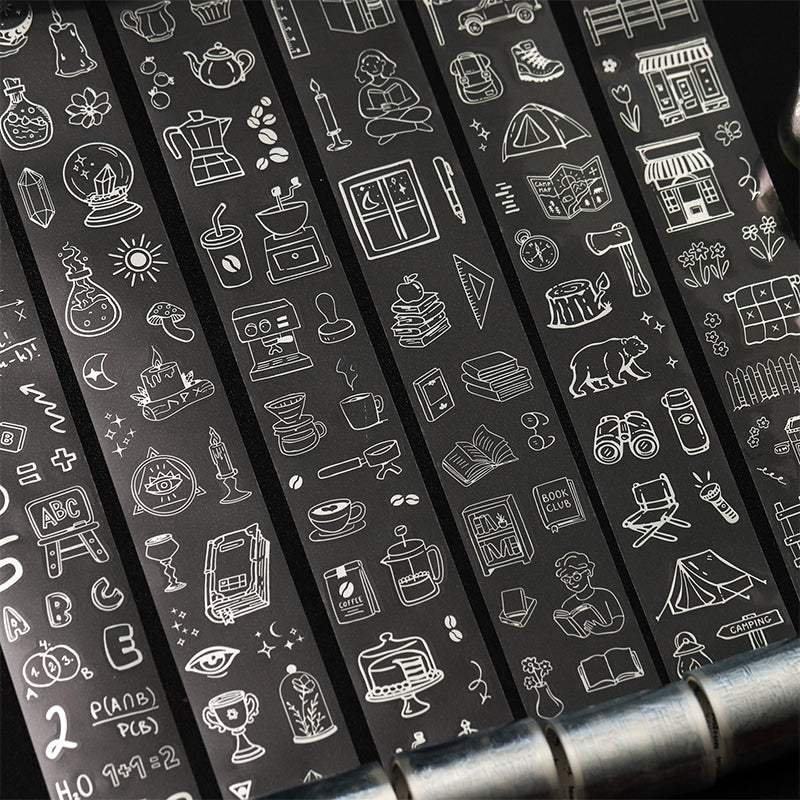 Daily Essentials Series Die Cutting Silver Stamping PET Tape featuring silver designs for journaling, scrapbooking and collage