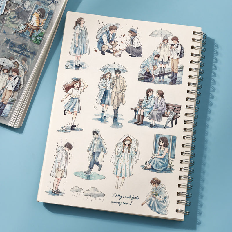 Listen To Rain Snow Series Sticker Book featuring book, rain, and snow designs for journaling, scrapbooking and collage