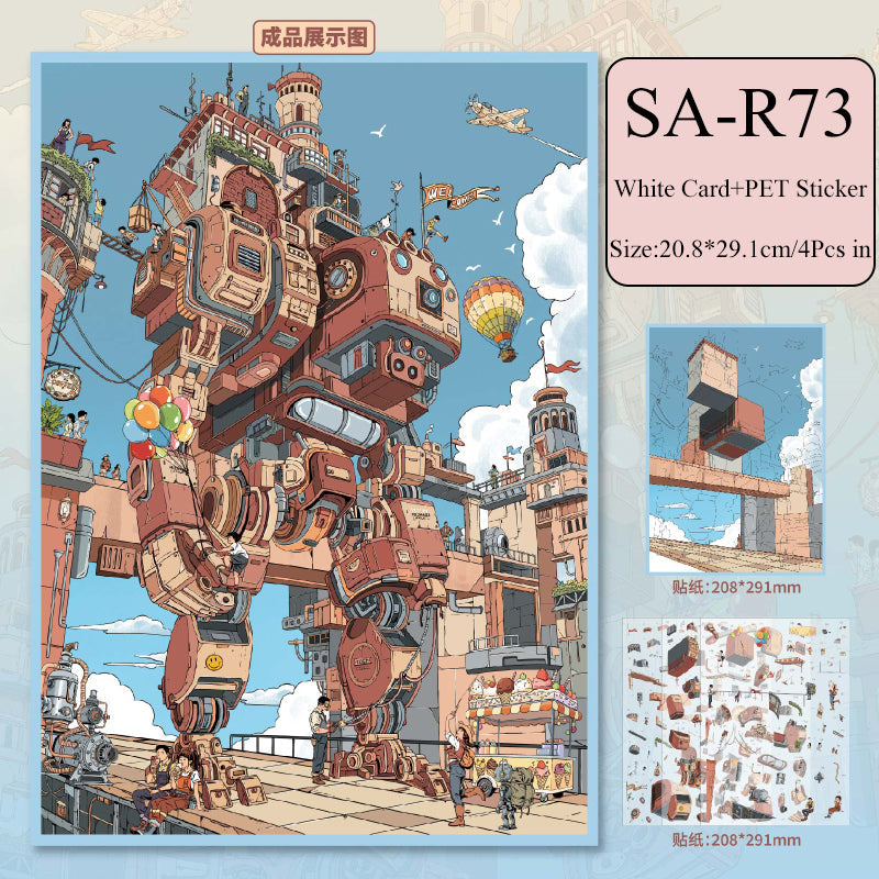 Mechanical Castle Series 3D Sticker featuring castle designs for journaling, scrapbooking and collage