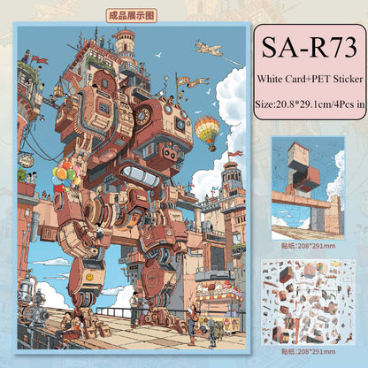 Mechanical Castle Series 3D Sticker featuring castle designs for journaling, scrapbooking and collage