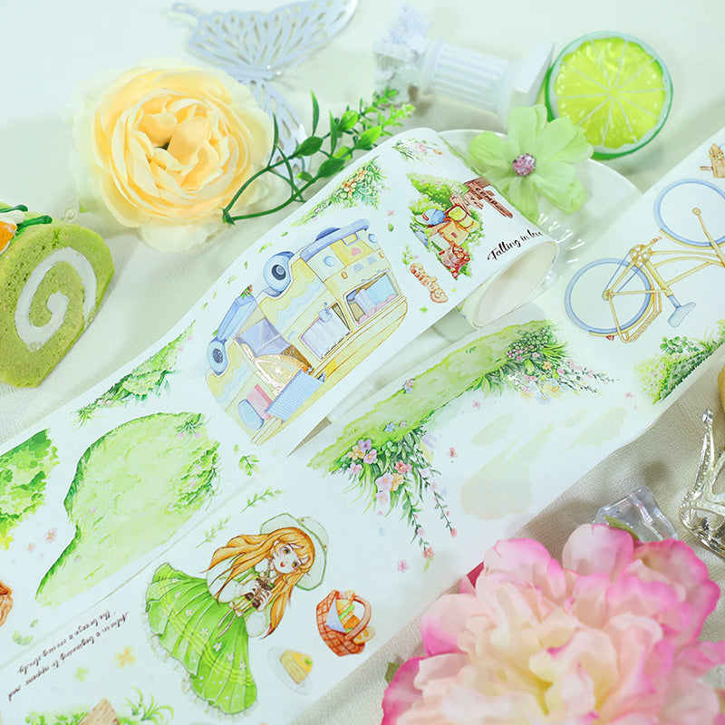 Green wind gathering wild Die Cutting Washi/Shell Light PET Tape featuring green, light, and wind designs for journaling, scrapbooking and collage