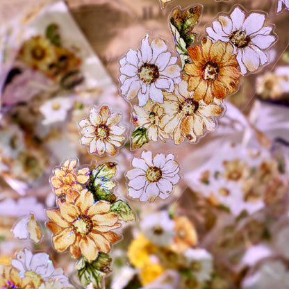 Whole Roll 5cm*5m Golden daisy Die Cutting Washi/PET/Shell Silver PET Tape featuring old, gold, and silver designs for journaling, scrapbooking and collage