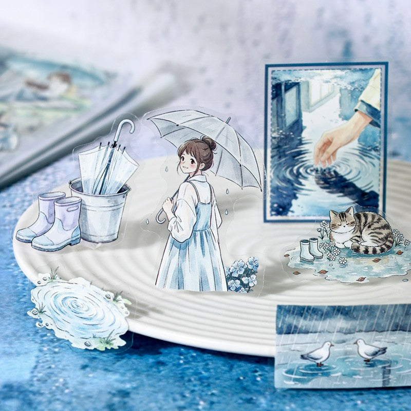 Listen To The Rain And Snow Series Sticker Book featuring book, rain, and snow designs for journaling, scrapbooking and collage