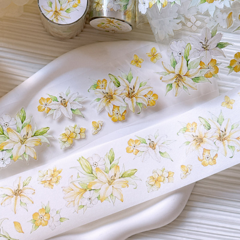 5.5cm*100cm Floating Light Lily Die Cutting Washi/PET Tape featuring light designs for journaling, scrapbooking and collage